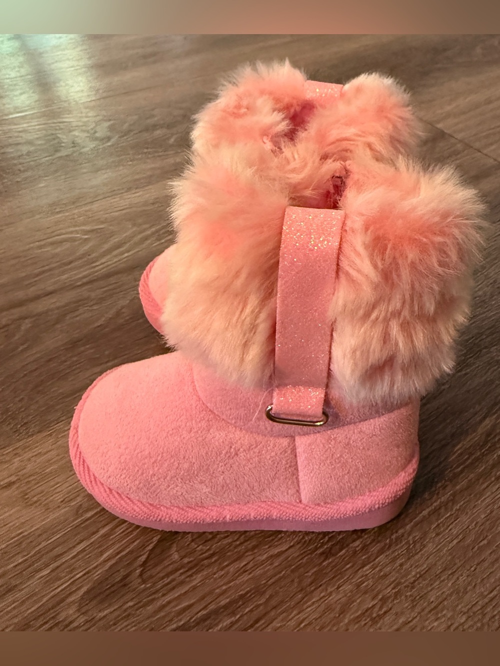 First Steps Toddler Girls Pink Faux Fur Winter Boots Glitter Strap Size 4 Cozy